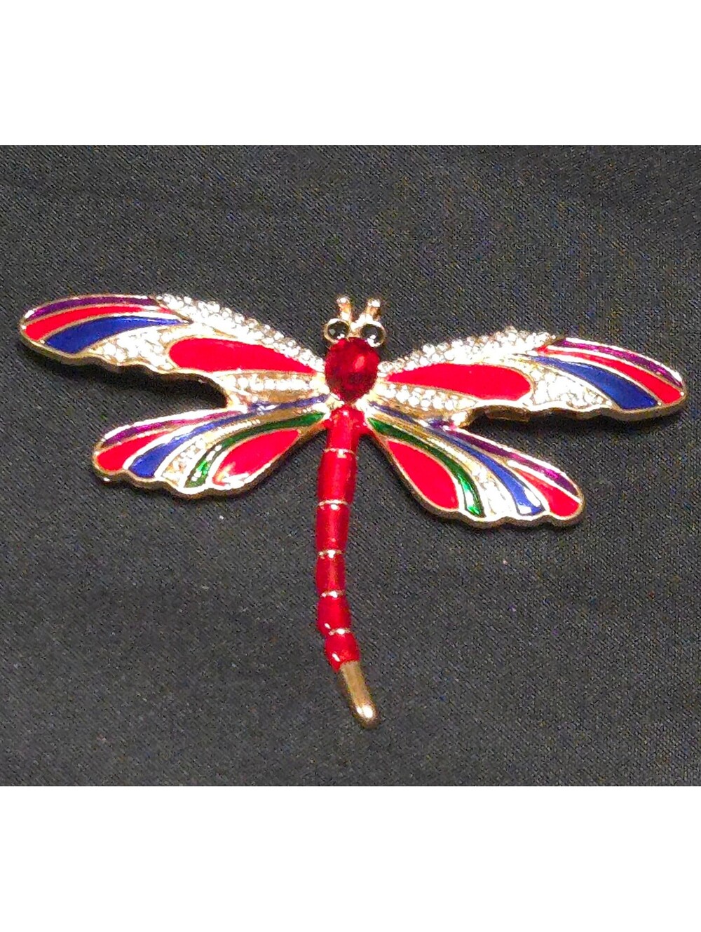 Large Unsigned Dragonfly Brooch Red Enamel Rhinestone Gold Tone Statement Pin